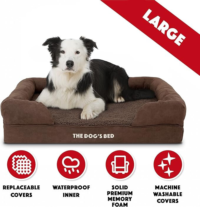 The Dog’s Bed, Large Brown Plush, Memory Foam, Pain Relief: Arthritis, Hip & Elbow Dysplasia, Post Surgery, Lameness, Supportive, Calming, Waterproof Washable Cover, Veterinary Approved