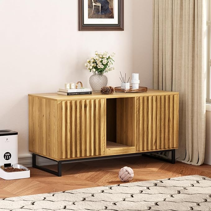 Double Litter Box Enclosure,Modern Cat Litter Box Enclosure for 2 Cats, Hidden Litter Box with Cat Scratch Pad, Cat Washroom Cat House End Table, Entryway Bench for Livingroom (Natural)