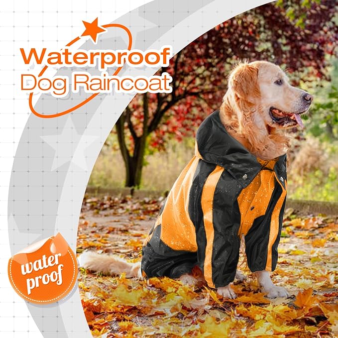 Dog Raincoat - Waterproof, Lightweight Jacket for Large Dogs - Adjustable 4 Legs Pet Poncho With Hood, Snow-Proof Vest, Leash Hole