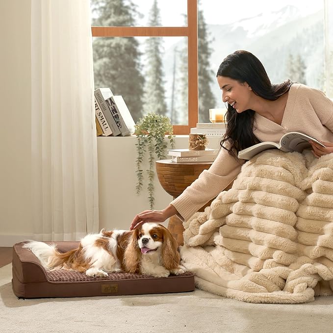 Orthopedic Dog Bed for Medium Small Size Dog, Dogs Crate Bed, L Shaped Foam Anti-Slip Bottom Pet Cat Sofa with Washable Removable Cover, Suitable for Pet Up to 40 lbs, 30x20x6.5 inch, Brown