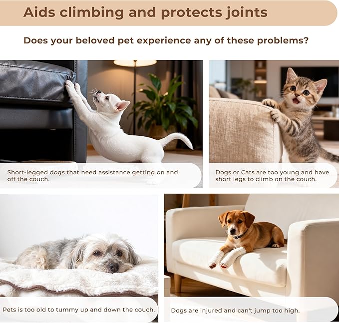 HYLEORY Dog Stairs for Bed 13.5''H, 3-Step Pet Stairs for Small Dogs Cats, Sturdy Pet Steps with Non-Slip Bottom, Functional Portable Dog Ramp for Couch/Chair/Sofa/Car, Storage Pocket, Grey-Light Grey