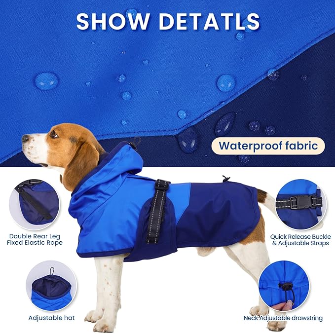 BRKURLEG Dog Raincoat Adjustable Dog Rain Jacket with Hood Dogs Waterproof Rainproof Jacket with Leash Hole Pet Poncho Rain Coat Poncho with Reflective Strip, Blue, XXXL