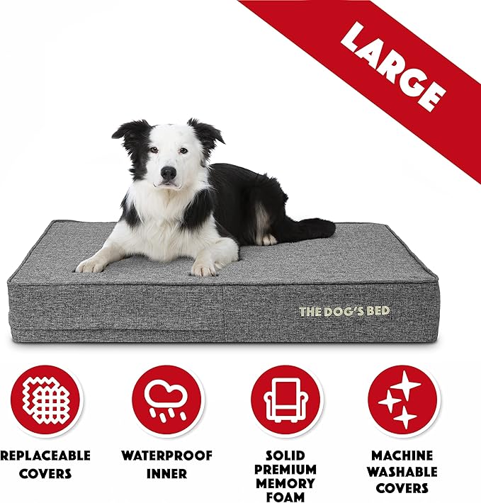 The Dog’s Bed Orthopedic Memory Foam Dog Bed, Large Grey Linen, Pain Relief for Arthritis, Hip & Elbow Dysplasia, Post Surgery, Lameness, Supportive, Waterproof Washable Cover, Veterinary Approved