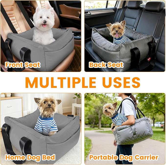 Dog Car Seat for Small Dogs, Large Leather Dog Car Bed with Storage Pocket, Waterproof PVC Leather Booster Seat Travel Bed for Front & Back Seat, Clip-On Safety Leash (Black/Grey)