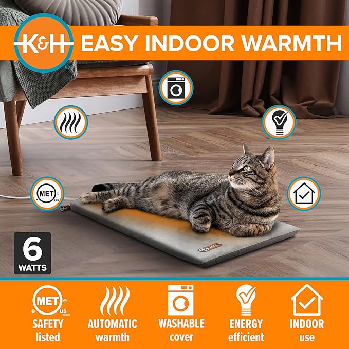 K&H Pet Products Heated Cat Bed Pad for Indoor Cats, Thermo-Kitty Mat Calming Warm Pet Heating Pad for Inside Pets, Machine Washable, Waterproof Heater, Safety Listed - 12.5 X 25in Gray