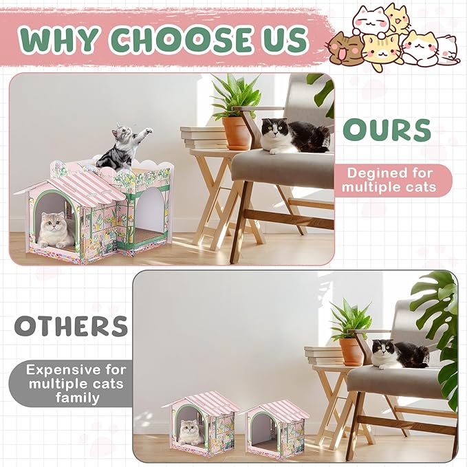 2 Story Cardboard Cat House with Scratcher Pad for Small Kitten,17x12x10 Multi Level Durable Cat Condo & Villa for Bunny Rabbit Small Animals Christmas Birthday Gift(Florist)