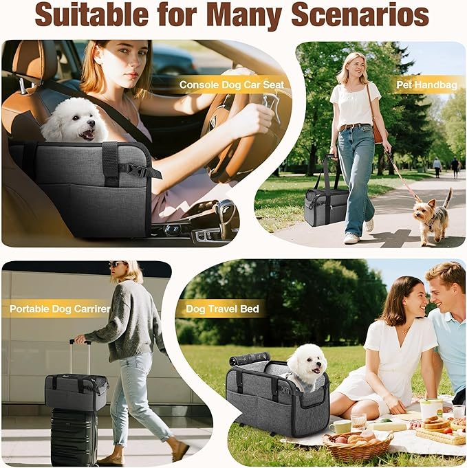 YUDODO Center Console Dog Car Seat, Anti-Slip Pet Cat Booster Seat for Small Dogs, Portable Puppy Bed Carseat Carrier PU Leather Gray