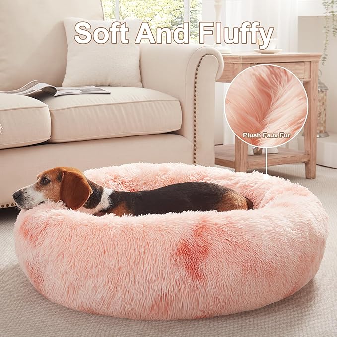33 inches Donut Dog Bed for Medium Large Dogs,Calming Fluffy Round Pet Bed with Removable & Washable Cover,Fits up to 65 lbs Pets(Tie-dye Pink,M Plus)