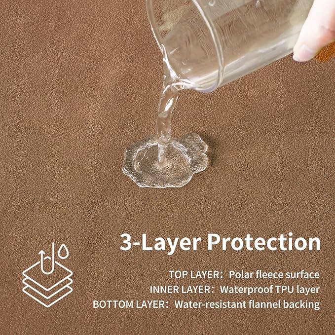 QiyI Waterproof Blanket for Bed Queen Size, Reversible Washable Pet-Friendly Flannel Throw Blanket, Leakproof Stain-Resistant Furniture Protector for Travel & Camping, 60"x80", Brown/Tan