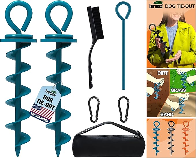 Eurmax USA Heavy Duty Dog Tie Out Stake for Large Dogs up to 210 lbs,Dog Stakes Outside,Ground Anchor for Dog Leash,Runner Cable,Trampoline Stakes(2,Medium,Navy Blue)