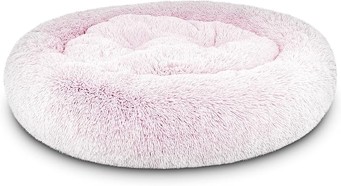The Dog’s Bed Sound Sleep Original Calming Dog & Cat Bed, Anti-Anxiety Rose Pink Fur Donut Nest Snuggler, with Removable Cover, Veterinary Approved