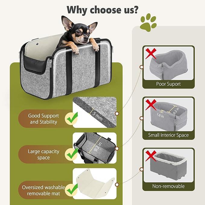 YUDODO Large Dog Car Seat for Center Console (Width＞9in) Fits 0-18lbs, Anti-Slip Puppy Cat Travel Portable Booster Seat, Portable Pet Car Bed Carseat Dual Front & Rear Pillow Gray