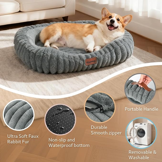 Dog Bed Large Size Dogs Washable Soft Furry Pet Bed, Calming Rectangle Large Dog Bed with Removable Cover & Anti-Slip Bottom, Orthopedic Anti-Anxiety Pet Bed with Handle, 35x27x5 Inches, Grey
