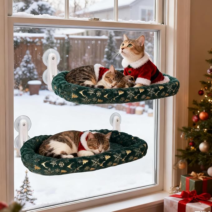 L&W BROS. 2-Pack Foldable Cat Window Perches with Christmas Cushion Bed – Easy to Assemble Cats Hammock for Window, Warm Indoor Cat Beds for Large Cats, Edition(L 2Pc)