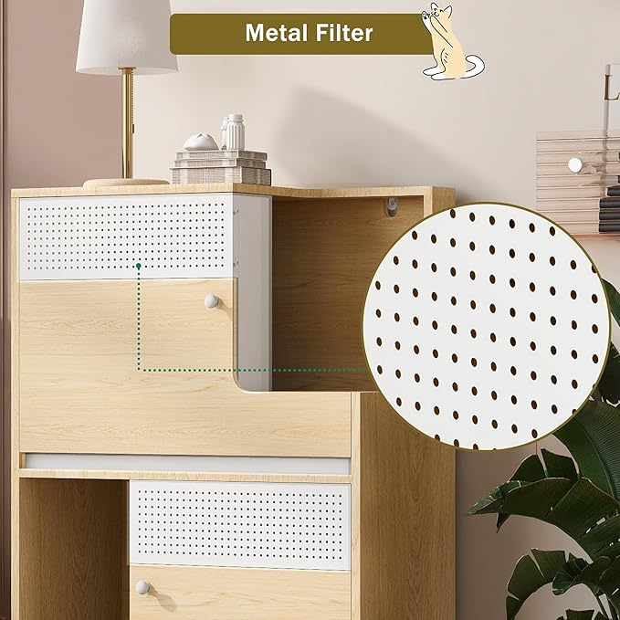 Modern 2 in 1 Cat Furniture, Cat Litter Box Enclosure Side Table, Cat House with Storage, for 2 Small-Medium Sized Cats, Natural