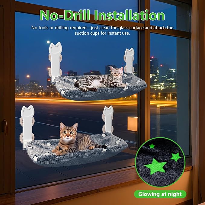 2 Pack Cat Window Perch, Glow in The Dark Foldable Cat Window Hammock with Sunken Design, Removable Soft Cover, Breathable Cordless Window Bed for Cats Inside Holds up to 40lbs (Grey, 2 Pack)