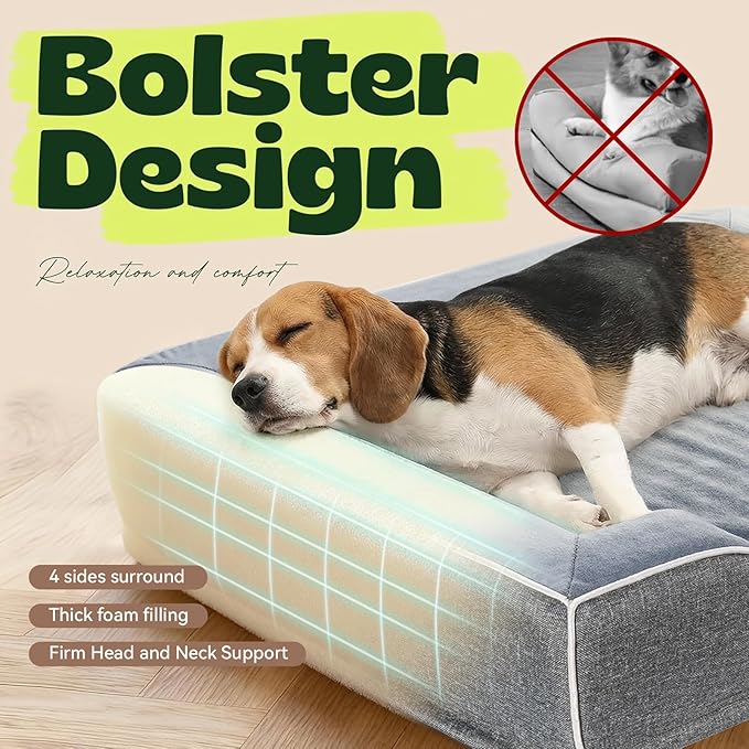 Orthopedic Dog Beds Large Sized Dog with Removable Faux Fur Washable Covers,Waterproof Pet Couch Bed with Cooling Gel Memory Foam and Bolster Side for Big Breed Pets,36" Dark Grey