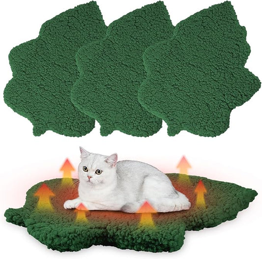 3 Pack Self Warming Cat Dog Bed Leaf Shape Self Heating Pet Mat Non Electric Washable Thermal Sleeping Pad Plush Heated Pet Mat for Crate Floor Indoor Outdoor(Dark Green,Small-16 x20)