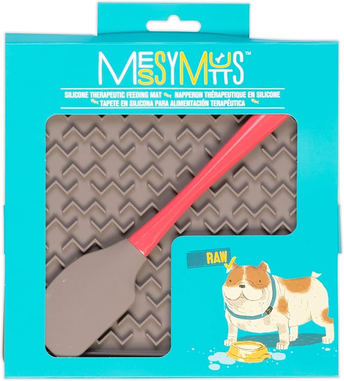 Messy Mutts Silicone Therapeutic Interactive Feeding and Licking Mat | 8” x 8” | Slow Feeder for Boredom & Anxiety | Lick Pad for Cats & Small Dogs | Grey w/Spatula