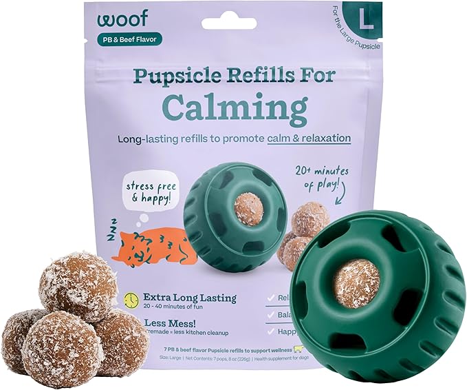 WOOF Pupsicle Calming Starter Kit - Pupsicle and Calming Pops Bundle - Long-Lasting Interactive Dog Toy - 10 Refills with Thiamine, Tryptophan, Passion Flower for Medium and Large Dogs 25-75 lbs