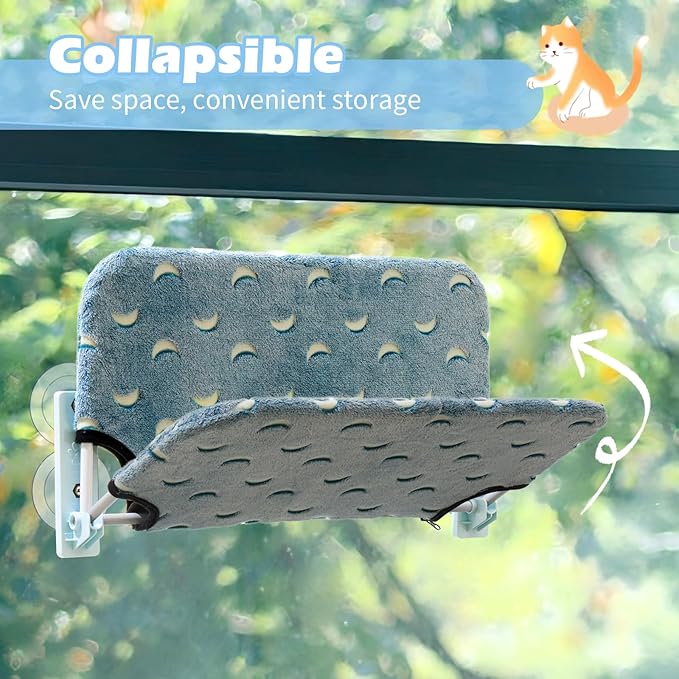 Glow in The Dark Cat Window Perch, Large Foldable Hammock Bed with 4 Strong Suction Cups and Warm Soft Zipper Removable Cushion for Indoor Cats (Moon)