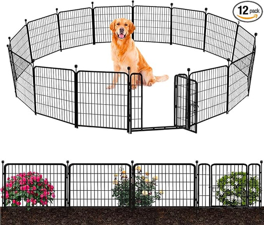 ADAVIN 32 in(H) Garden Fence with Low Threshold Door, 12 Panels Total 26.6 Ft(L) Tall Yard Fence for Dogs, Garden Fences Border, Black Iron Metal Heavy Duty Dog Fencing for Yard or Camping
