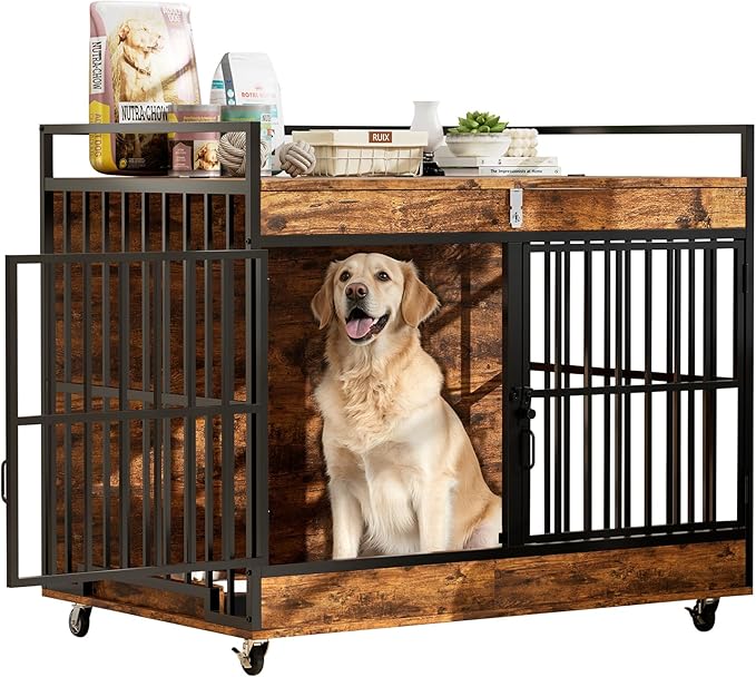 45 Inch Dog Crate Furniture for Large Dog with 2 Stainless Steel Bowls, XL Heavy Duty Dog Kennel Indoor, Large Wooden Dog Crate Table for Decorate House As TV Stand, End Table