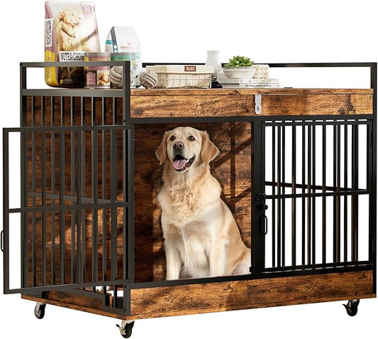 45 Inch Dog Crate Furniture for Large Dog with 2 Stainless Steel Bowls, XL Heavy Duty Dog Kennel Indoor, Large Wooden Dog Crate Table for Decorate House As TV Stand, End Table