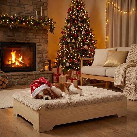 GLOSSGODS Elevated Dog Bed and Mattress with Removable Washable Cover, Egg Crate Foam, Wooden Frame, Suitable for Pet Up to 40 lbs, Naturalwood S