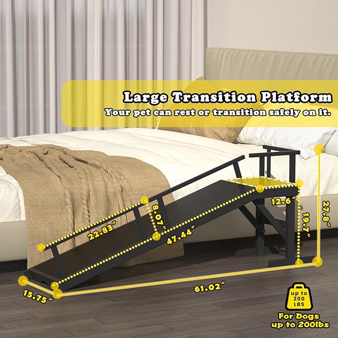 20" Height Dog Ramp for Bed, 61" Long Large Pet Ramp with Non-Slip Surface, Wooden Dog Ramp with Removable Rail & Rest Platform, Also as Dog Stairs for Small Senior Dogs with Glow Strips, Black