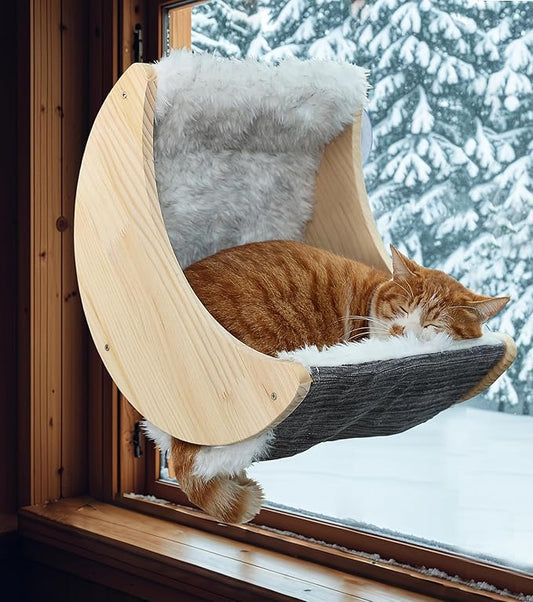 Window Cat Beds with Ultra Plush Hammock, Moon Shelves Mounted with Strong Suction Cups, Cat Window Seat for Overlooking and Sunbathing(Faux Wool Fur)
