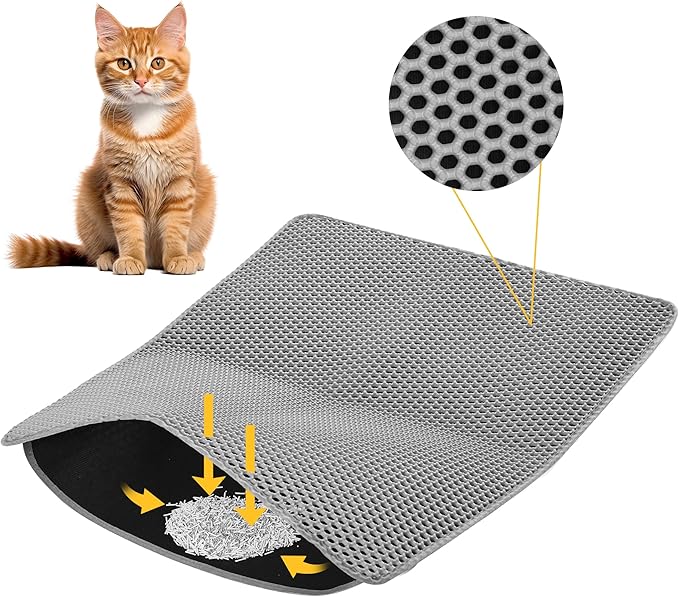 Cat Litter Mat 24x18 Inches, Honeycomb Double Layer Traps Litter & Waterproof Leatherette Bottom Prevents Urine Leaks, Durable & Easy Clean Pet Floor Protector for Cat Litter Box Area（Grey）