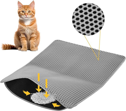 Cat Litter Mat 24x18 Inches, Honeycomb Double Layer Traps Litter & Waterproof Leatherette Bottom Prevents Urine Leaks, Durable & Easy Clean Pet Floor Protector for Cat Litter Box Area（Grey）