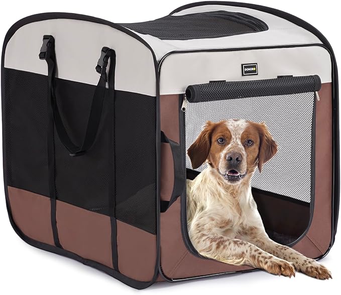 DONORO Dog Kennels and Crates for Medium Dogs, Portable Pop Up Indoor Pet Cage with Sturdy Wire Frame, Collapsible Travel Crate Soft Sided Cat Bag Escape Proof (Brown, 28.0" L x 18.0" W x 22.0" H)