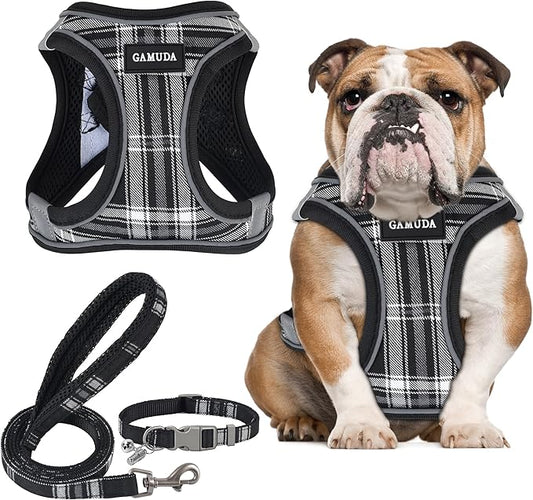 GAMUDA Small Dog Harness Collar and Leash Set, Step in No Chock No Pull Soft Mesh Adjustable Dog Vest Harnesses Plaid Reflective for Dogs Puppy Cats Kitten Rabbit (Black, L)
