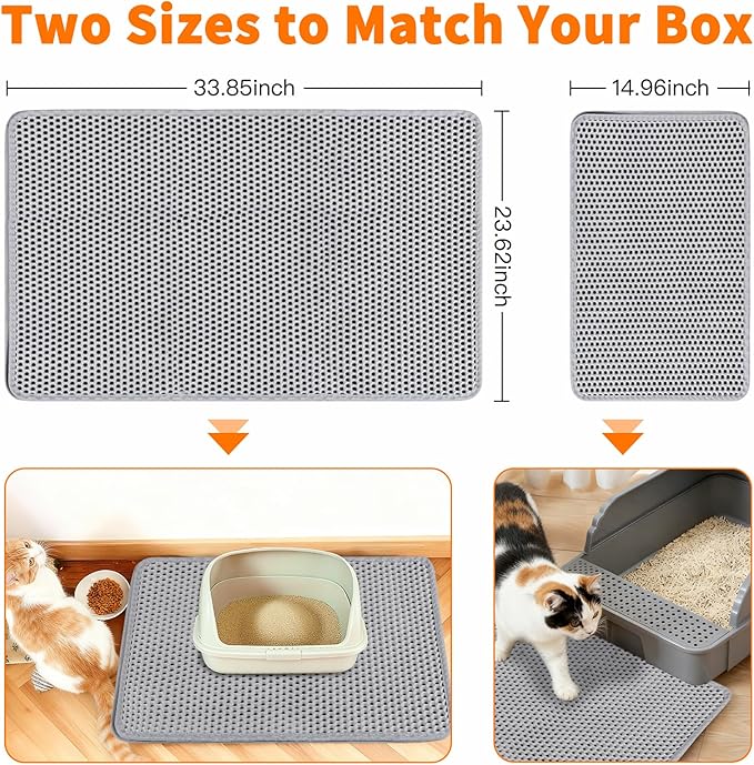 Cat Litter Box Mat for Small Cats, Double Layer Honeycomb Cat Litter Trapping Mats, Waterproof Urine Proof Non-Slip Litter Pad for Indoor Kitty Cat Litter Rug, Easy to Clean Grey (23.6'' x 14.9'')