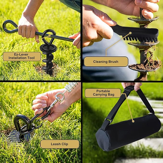 Eurmax USA Heavy Duty Dog Tie Out Stake for Large Dogs up to 210 lbs,Dog Stakes for Outside,Ground Anchor for Dog Leash,Runner Cable, and Pet Gadget Dog Accessories Trampoline Stakes(2,Medium,Orange)