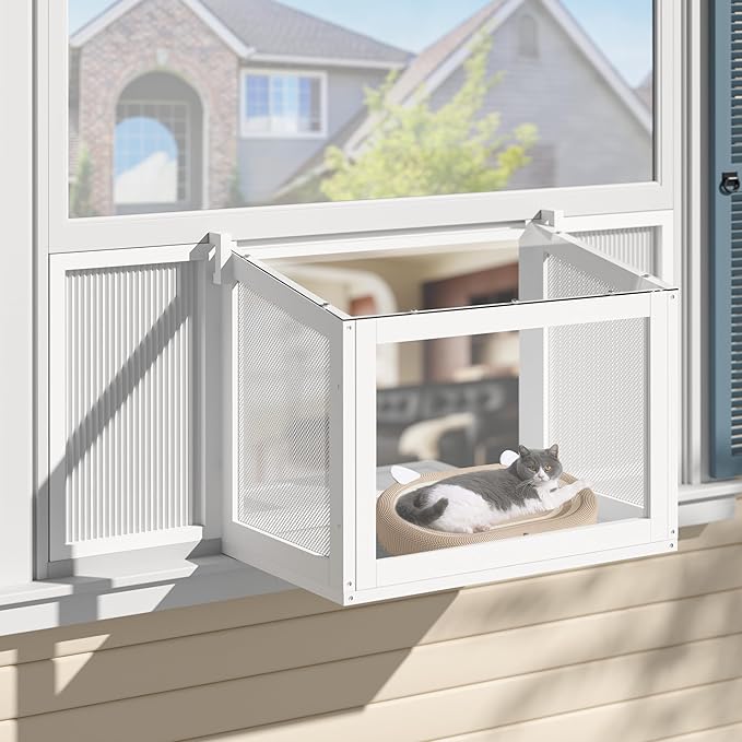 BlueWish Catio Outdoor Cat Enclosure, Cat Window Perch with Waterproof Transparent Top Fits Vertical Window Frames 26" to 42" Wide, Window Box for Sunbathing, Napping & Overlooking