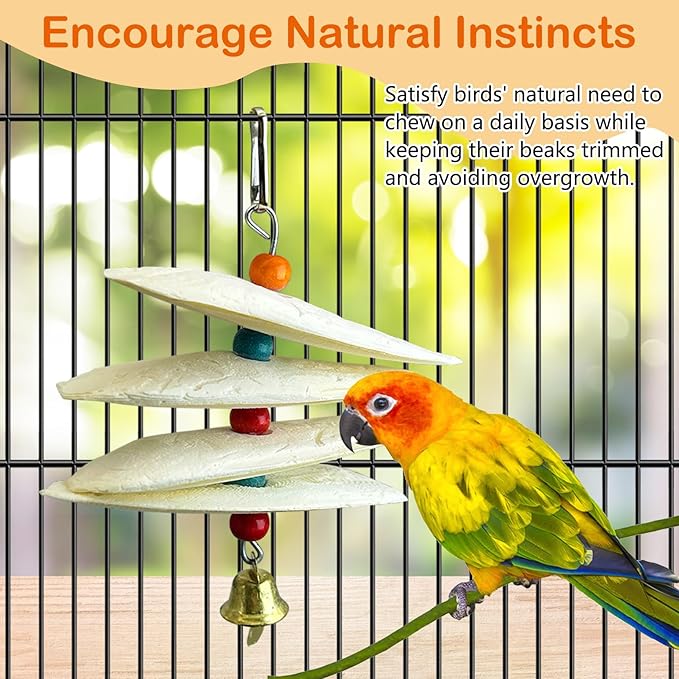 3 Pack Bird Chewing Toy Cuttlebone Parrot Toy with Bell Hanging Bird Beak Grinding Stone Parakeet Cage Accessories for Small Budgies Lovebirds Cockatiels (Flake, 4 Per Skewer)
