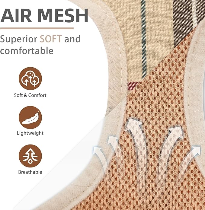 PUPTECK Soft Mesh Dog Harness and Leash Set Step-in Plaid Puppy Padded No Pull Vest Harness for XS Small Medium Sized Dogs Cats Outdoor Walking, Beige S