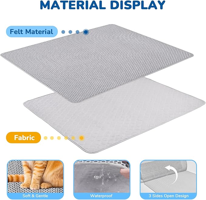 BurgeonNest Cat Litter Mat 30" x 24", Upgraded Felt & Fabric Material Cat Trapping Mat for Fewer Creases, Holds 1-2 Litter Boxes, Urine-Proof, Machine Washable, Non-Slip, Soft on Paws, Grey