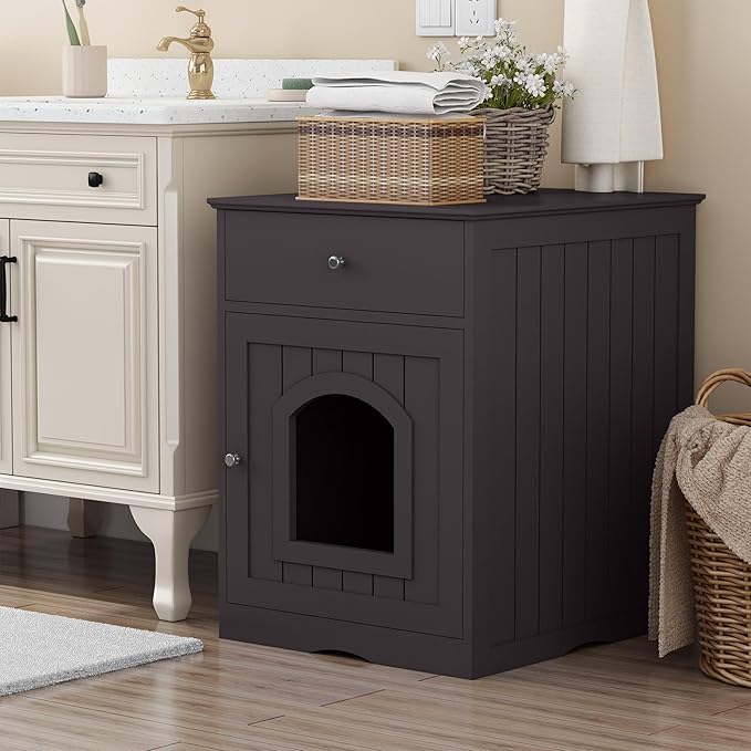 GDFStudio Cat Litter Box Enclosure Furniture, Hidden Litter Box Cabinet with Drawer & Door, Decorative Litter House, Covered Cats Shelter Nightstand, Cat Boxes Enclosure Fits Most Cats, Brown