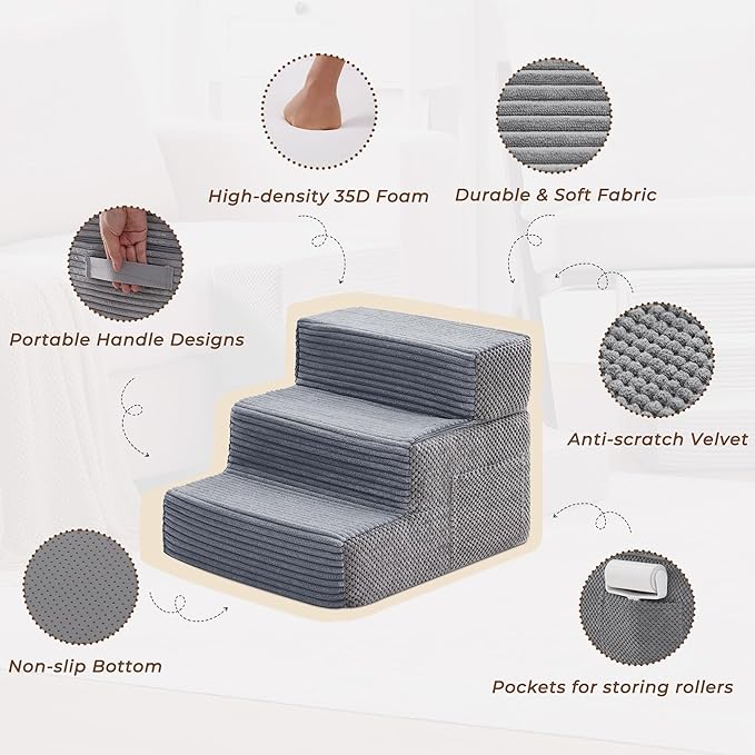 HYLEORY Dog Stairs for Bed 13.5''H, 3-Step Pet Stairs for Small Dogs Cats, Sturdy Pet Steps with Non-Slip Bottom, Functional Portable Dog Ramp for Couch/Chair/Sofa/Car, Storage Pocket, Grey-Light Grey