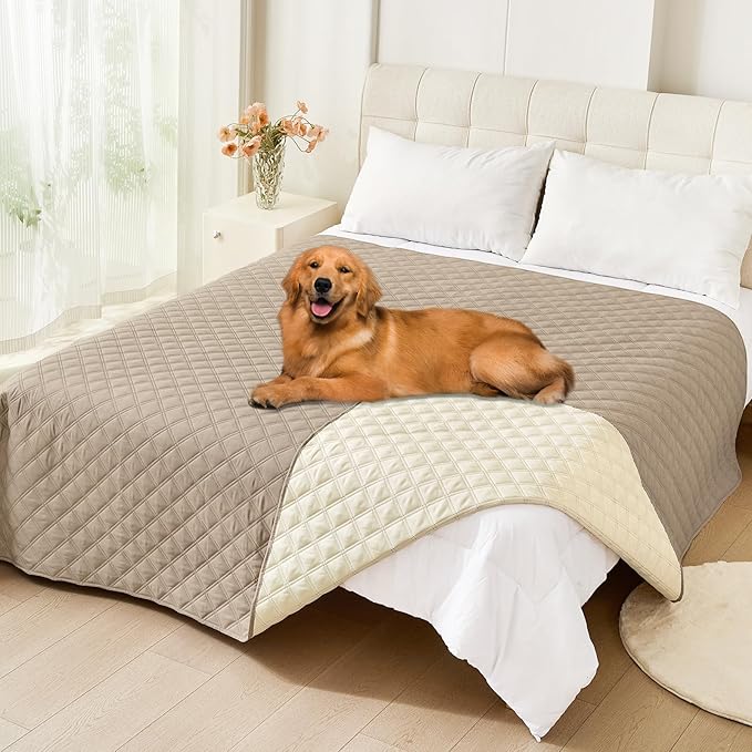 Smiry Waterproof Dog Bed Cover Pet Blanket, Soft Washable Dog Blanket for Furniture Bed Couch Sofa Reversible, Checkered (82"x82", Taupe/Beige)