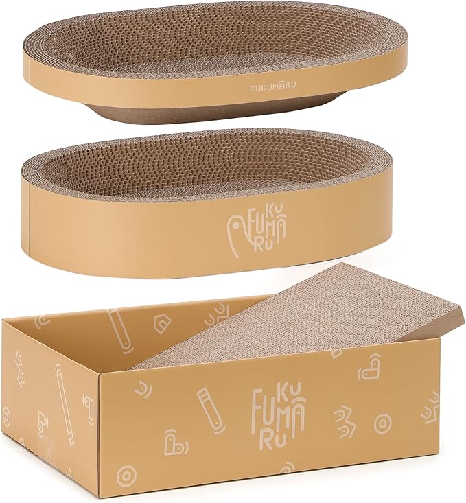 FUKUMARU 3PCS Cardboard Cat Scratcher Bed, Durable Oval Cat Scratch Bed Pads, Round Cats Scratching Board with Large Kitten Scratcher Box for Indoor Cats, Couch Sofa Furniture Protector