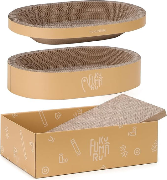 FUKUMARU 3PCS Cardboard Cat Scratcher Bed, Durable Oval Cat Scratch Bed Pads, Round Cats Scratching Board with Large Kitten Scratcher Box for Indoor Cats, Couch Sofa Furniture Protector