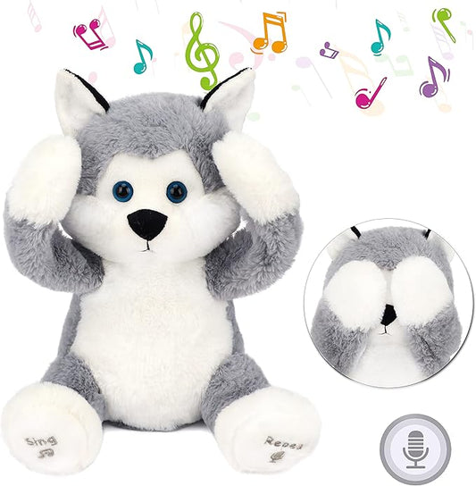 Hopearl Peek A Boo Husky Interactive Repeats What You Say Plush Dog Toy Musical Singing Talking Stuffed Animal Adorable Electric Animate Birthday Festival, Gray, 11.5''