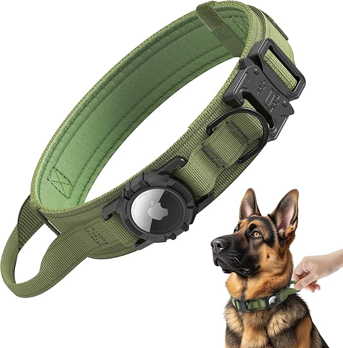 Tactical AirTag Dog Collar - Heavy Duty, Adjustable GPS Collar Compatible with Apple AirTag, with Holder & Control Handle for Medium/Large Dogs [ Green, L ]
