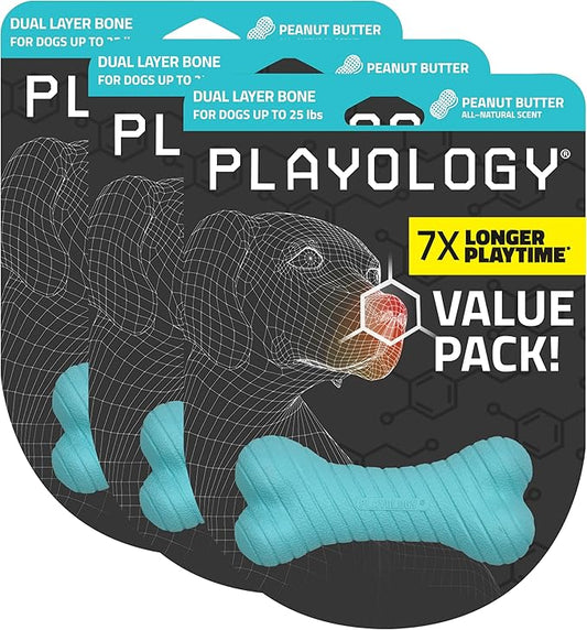 Playology Dog Toys | Dual Layer Bone Durable Chew Toy Bone for Dogs (Value 3-Pack) | Small Peanut Butter Scented Toy - Easy to Clean and Made from Non Toxic Materials