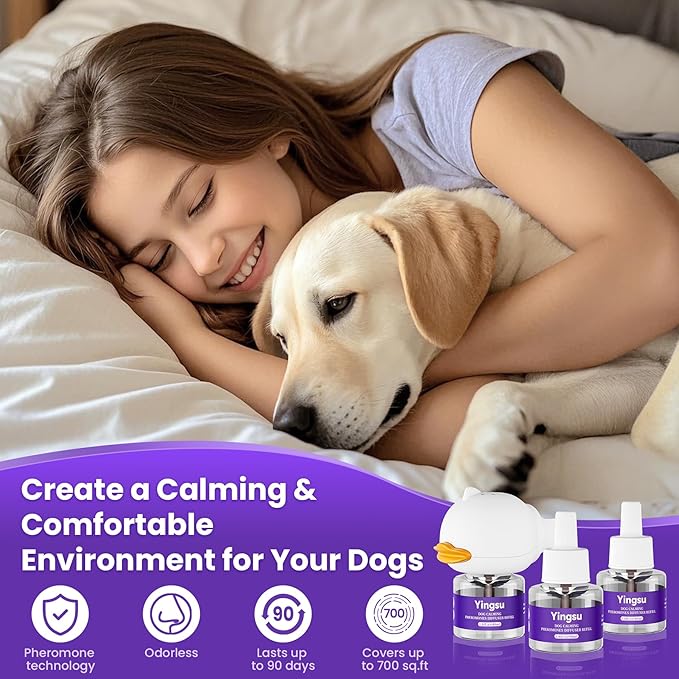 Dog Calming Diffuser, 4 in 1 Puppy Pheromones Calming Diffuser, Relaxing Pheromone for Dogs Relief Stress Anxiety Reduce Aggression Barking, Help Train Dog to Pee, 1 Diffuser 3 Refill(48ml)